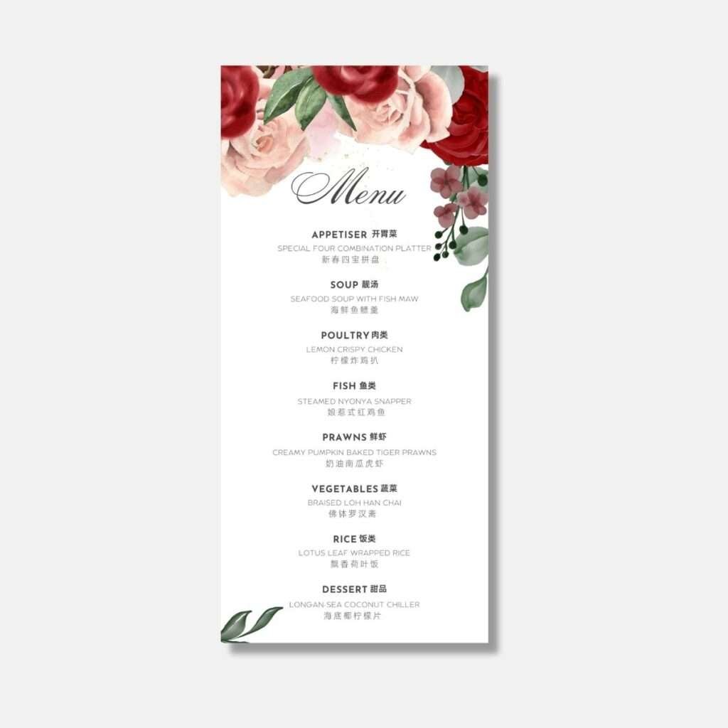 Semi-customized wedding menu from Classic Choice series, featuring vibrant roses in shades of coral and deep red, complemented by rich greenery, presenting a classic yet fresh floral ambiance.