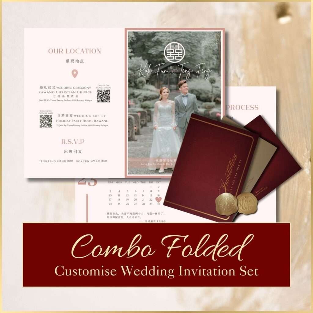 A sophisticated "Combo Folded" wedding invitation set featuring a richly hued envelope with golden script, a QR code for location details, and a couple's photo alongside the wedding itinerary. The set exudes traditional elegance with a modern twist, complete with opulent gold seals and a calendar-style event breakdown.