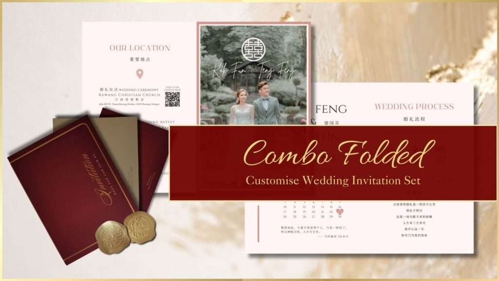 A sophisticated "Combo Folded" wedding invitation set featuring a richly hued envelope with golden script, a QR code for location details, and a couple's photo alongside the wedding itinerary. The set exudes traditional elegance with a modern twist, complete with opulent gold seals and a calendar-style event breakdown.
