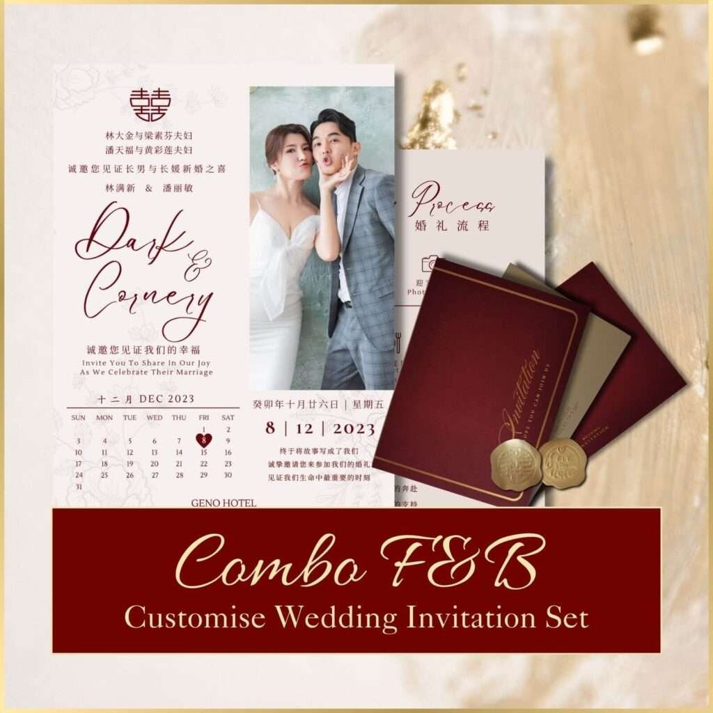 An elegant wedding invitation set showcasing a deep maroon envelope with gold embossing, a photo of a couple, detailed wedding event timeline, and traditional gold seals. Background has a luxurious golden splash accent.