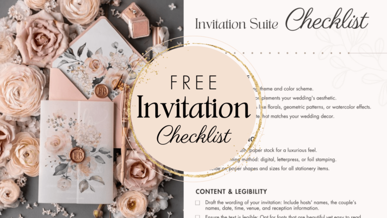 Elegant wedding invitation suite displayed amidst a beautiful arrangement of roses and flowers, featuring a central invitation card adorned with floral artwork and a wax seal, complemented by a pink envelope and additional stationery, with the text 'FREE Invitation Checklist' overlaid on a decorative, circular, golden-glitter background.