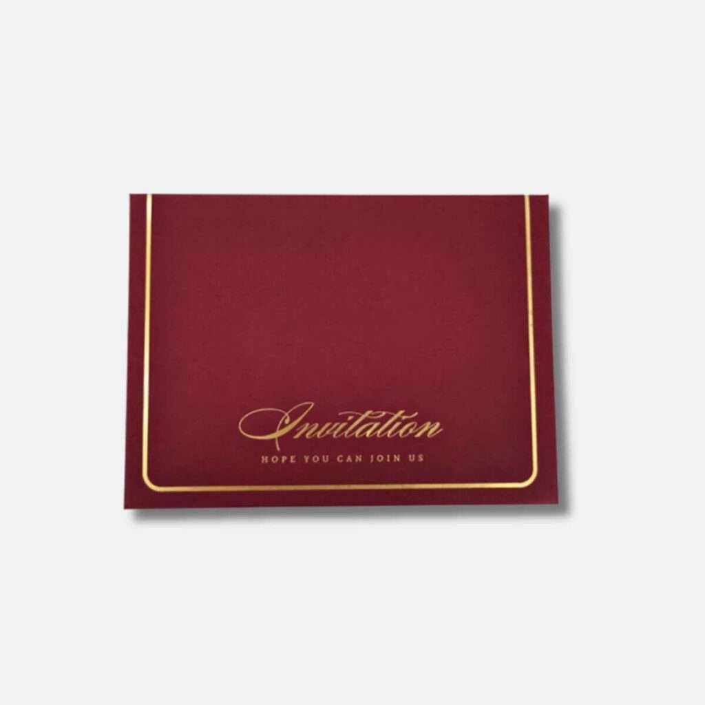 Elegant wine red wedding envelope from Xamiya Wedding Basic series with gold lettering and border detail.