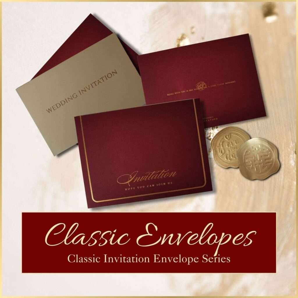 Elegant maroon wedding invitation envelope from the Classic Envelope Series displayed with its golden interior and sealing stickers, highlighting luxurious and traditional design elements suitable for a formal invitation.