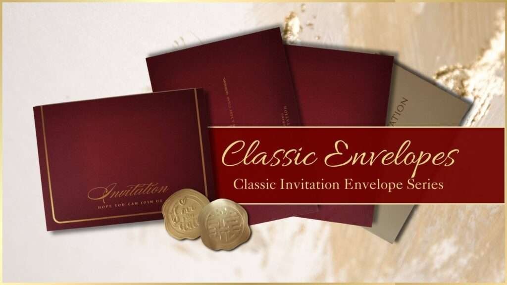Elegant deep red and gold-trimmed invitation envelopes with a classic wax seal, showcasing high-quality craftsmanship for sophisticated wedding stationery.