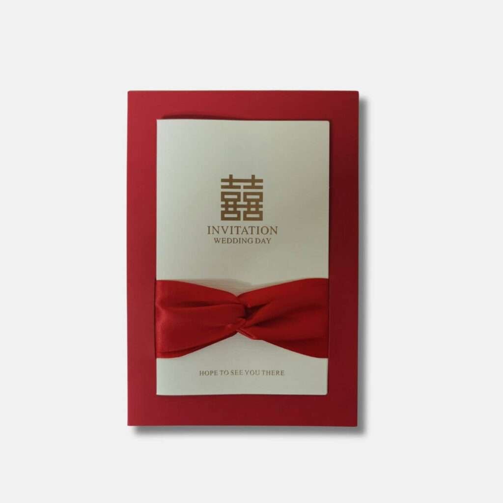 Red Bow Wedding Invitation card featuring a Chinese double happiness symbol and elegant bow design.