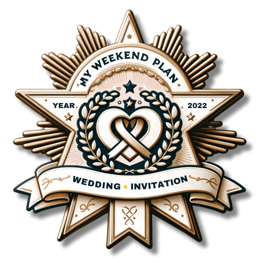 Award badge with star and heart design, featuring 'My Weekend Plan' and '2022' text, signifying recognition as a top wedding invitation supplier.
